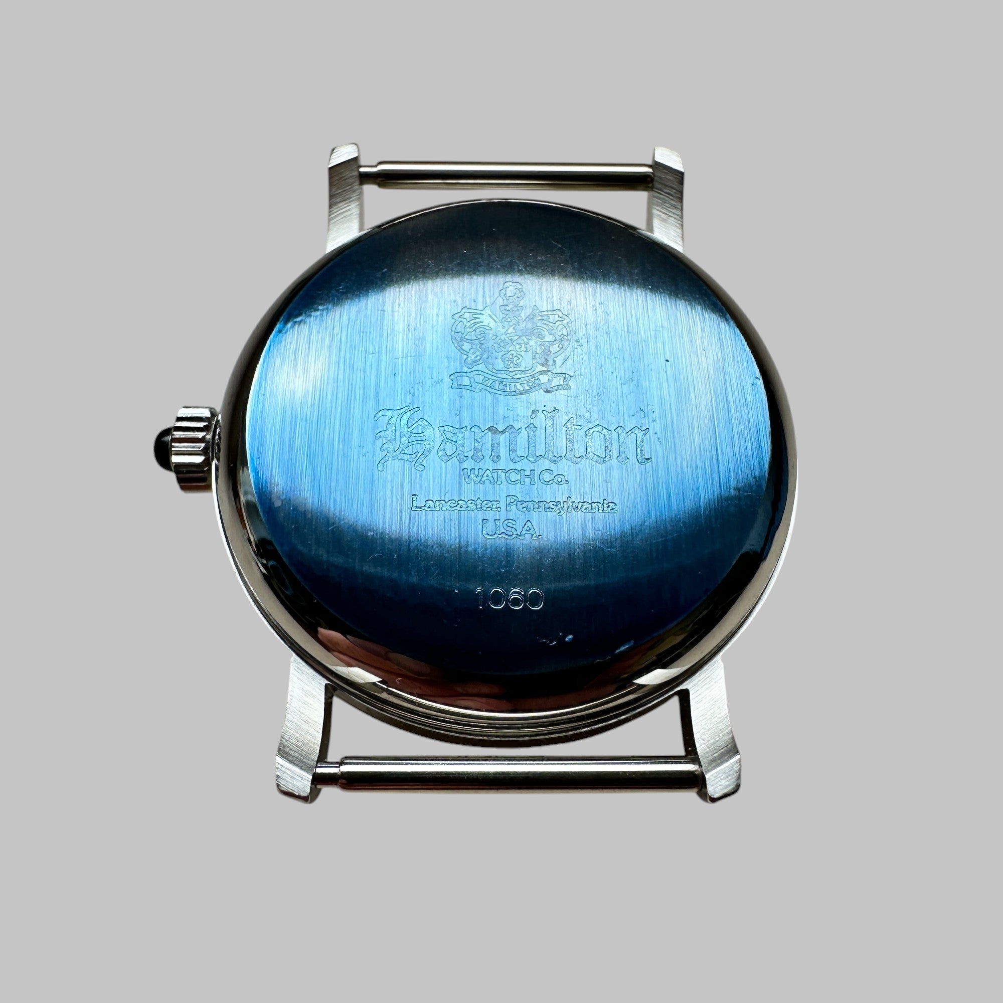 Back of Genuine original vintage case from HAMILTON for caliber 1873 of the model REF 3584: PIPING ROCK CHRONOGRAPH