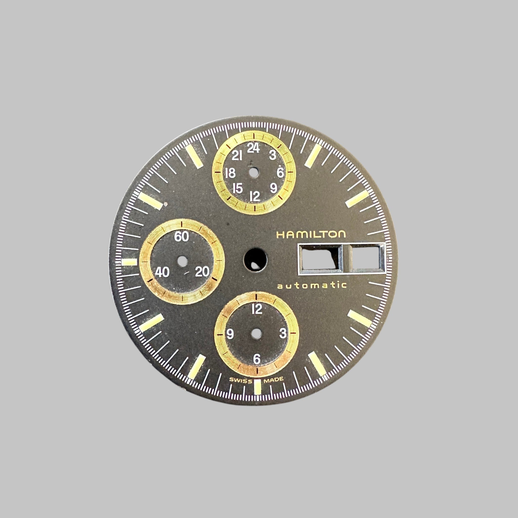 Genuine original vintage dial from Hamilton for caliber 7750 - side view