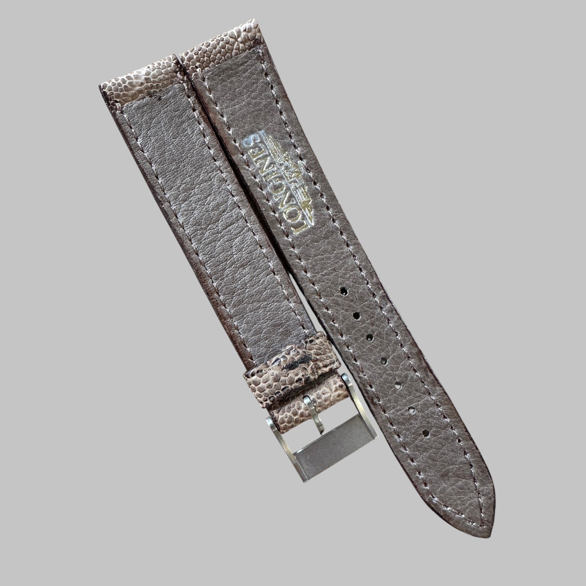 Genuine original vintage leather strap with steel buckle from Longines - side view