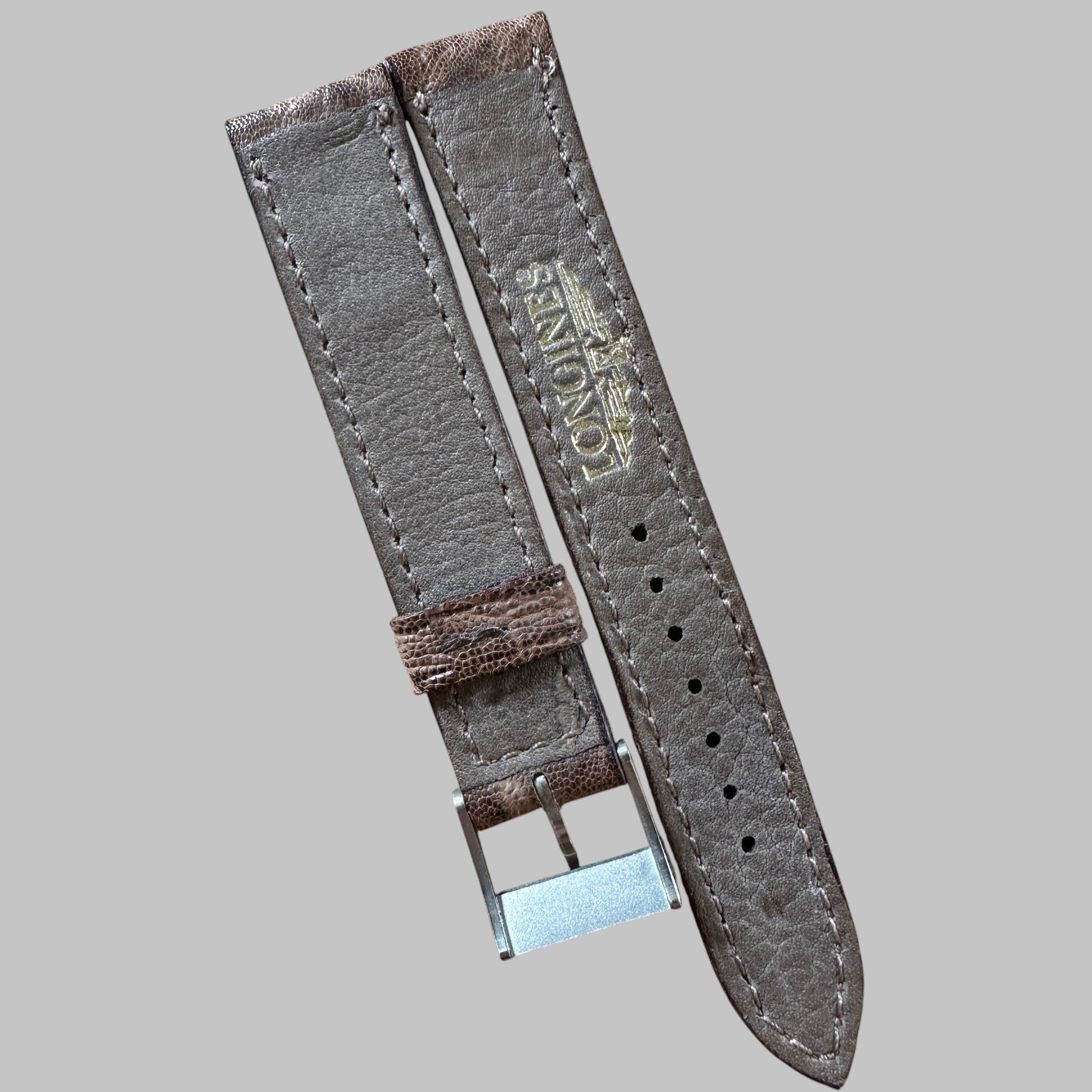 Genuine original vintage leather strap with steel buckle from Longines - side view