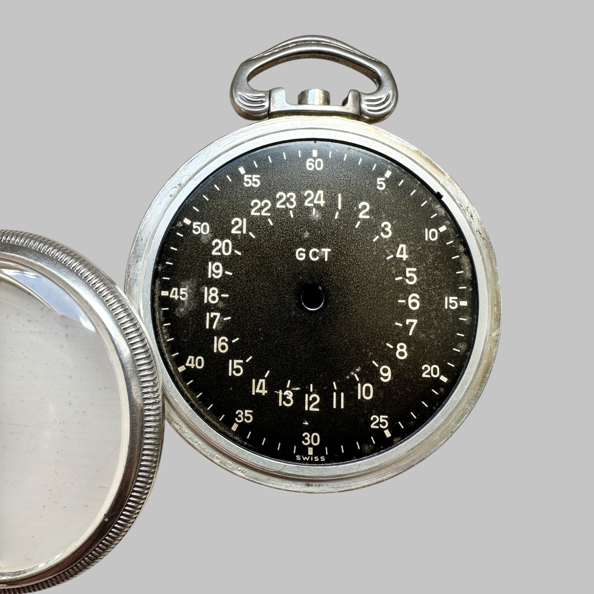 Genuine original vintage case with dial from Longines of line NAVIGATOR - side view