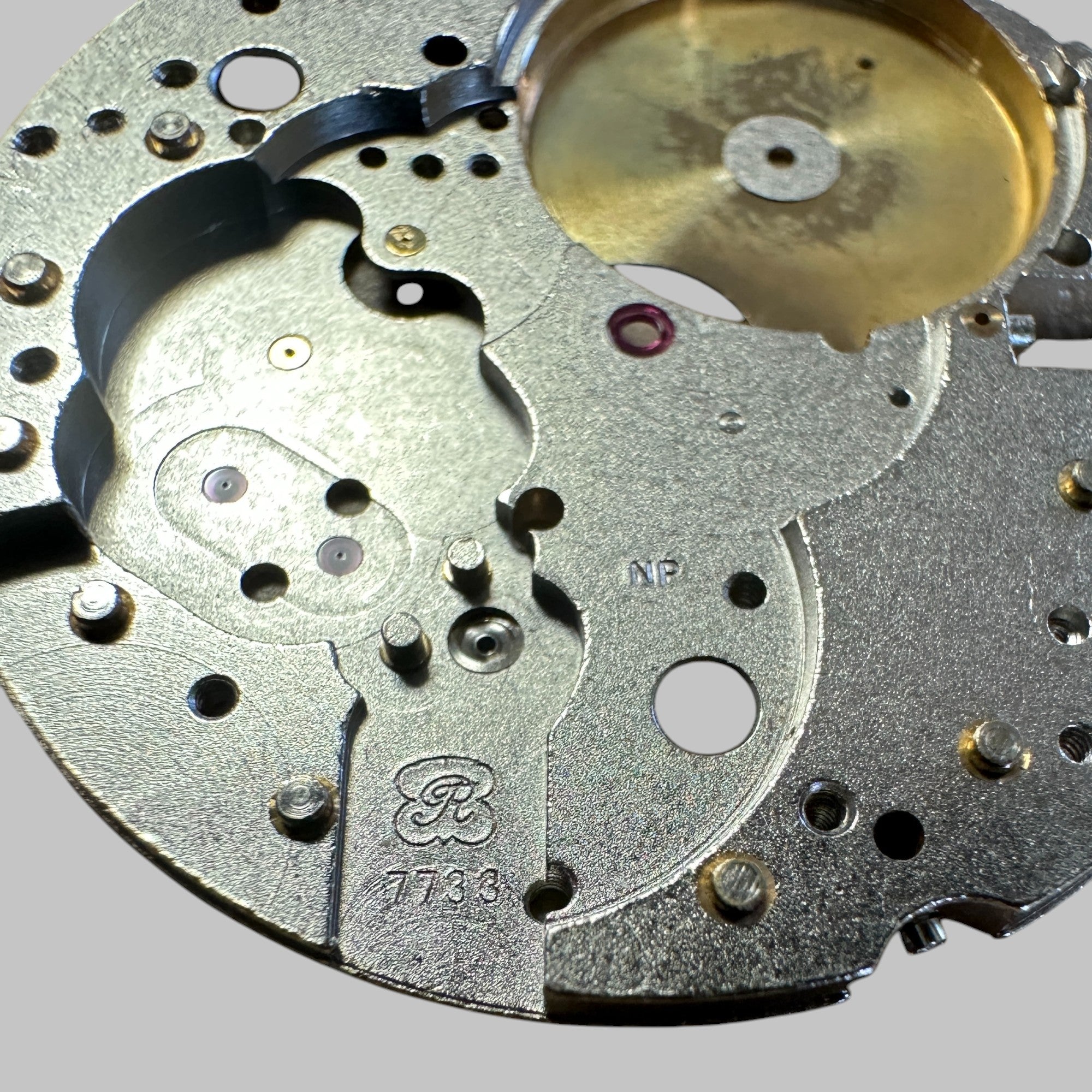 Back of Genuine original vintage mainplate jewelled from VALJOUX for caliber 7733