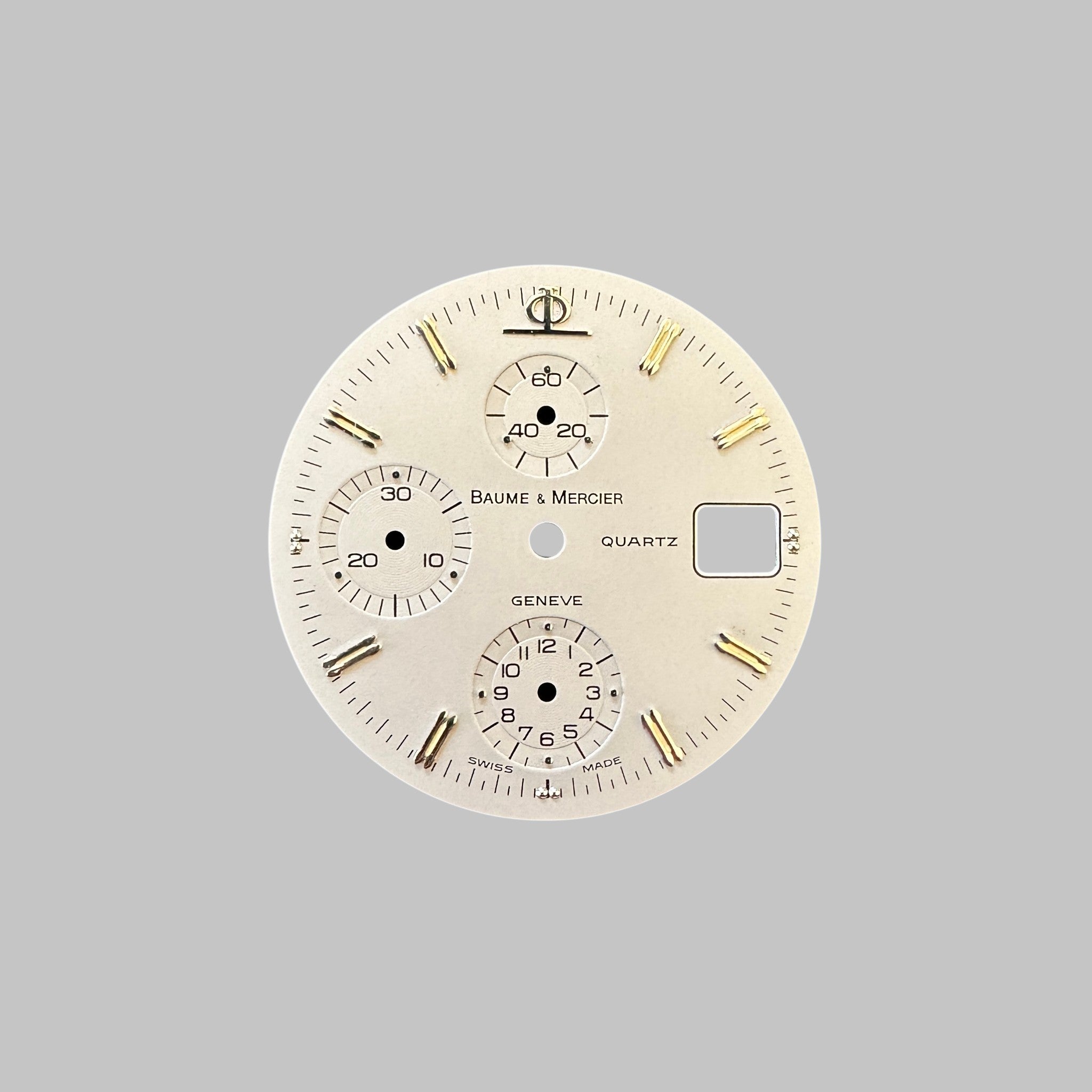 Genuine original vintage dial from Baume et Mercier of the model CHRONOGRAPH QUARTZ - side view