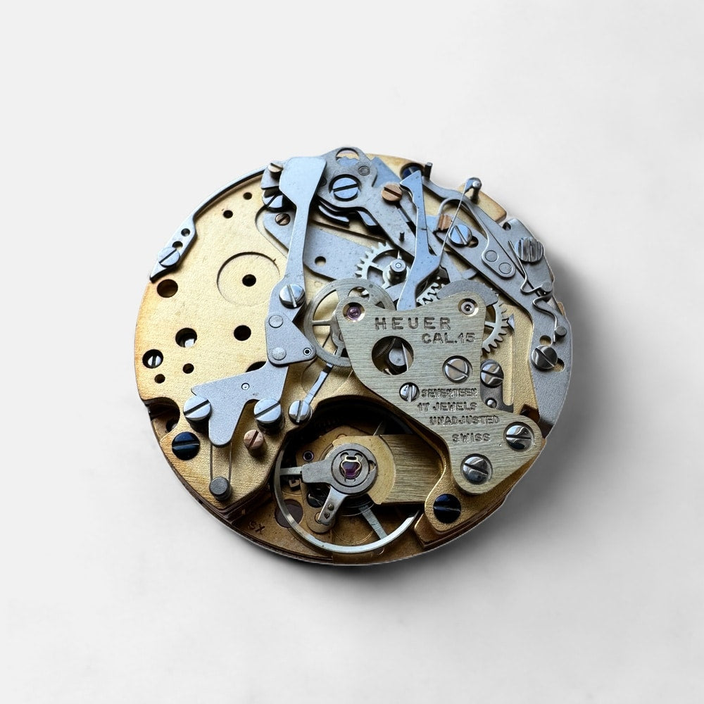 This is a picture of the BUREN CAL. 15 - AUTOMATIC MOVEMENT COMPLETE HEUER watch component.