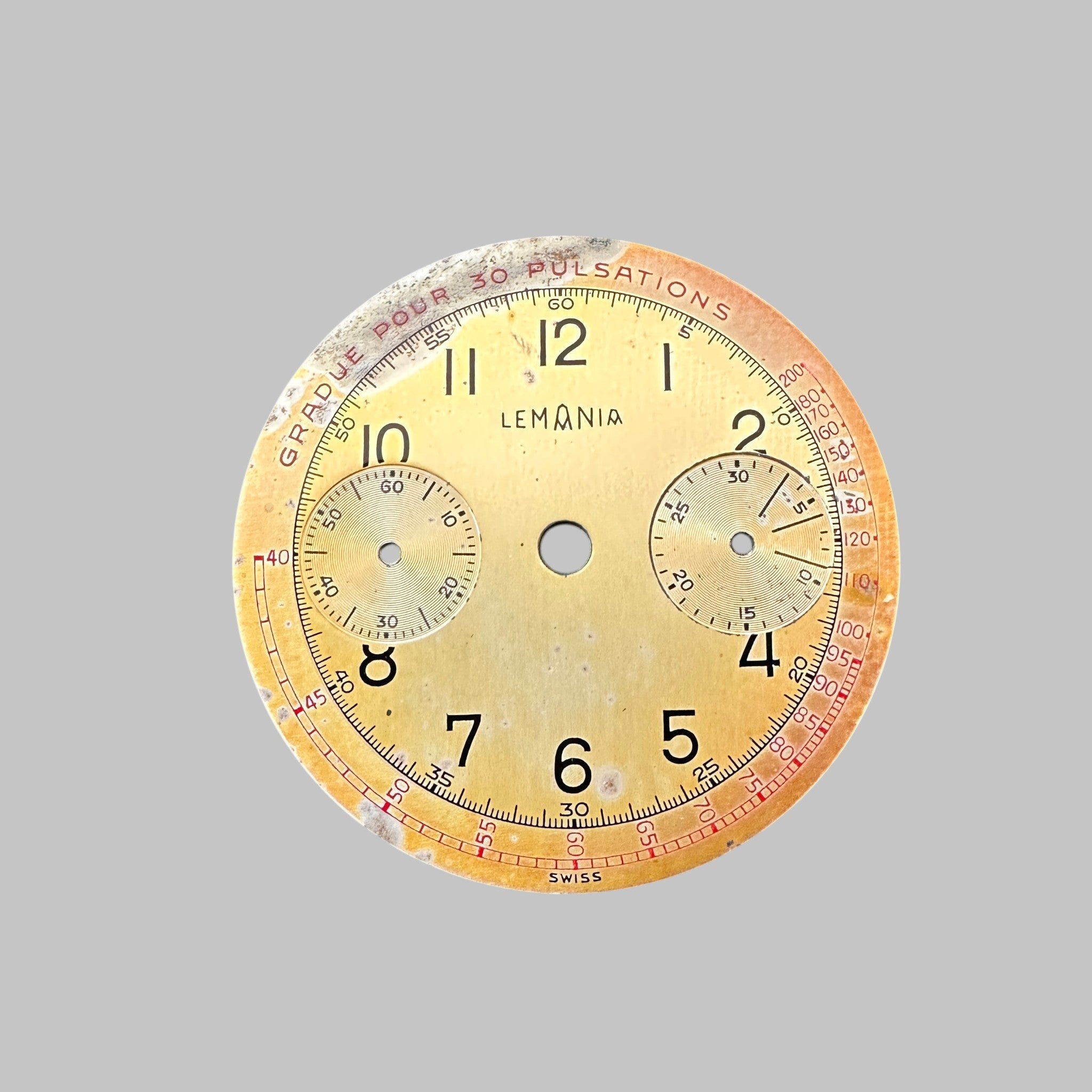 Genuine original vintage dial from Lemania - side view
